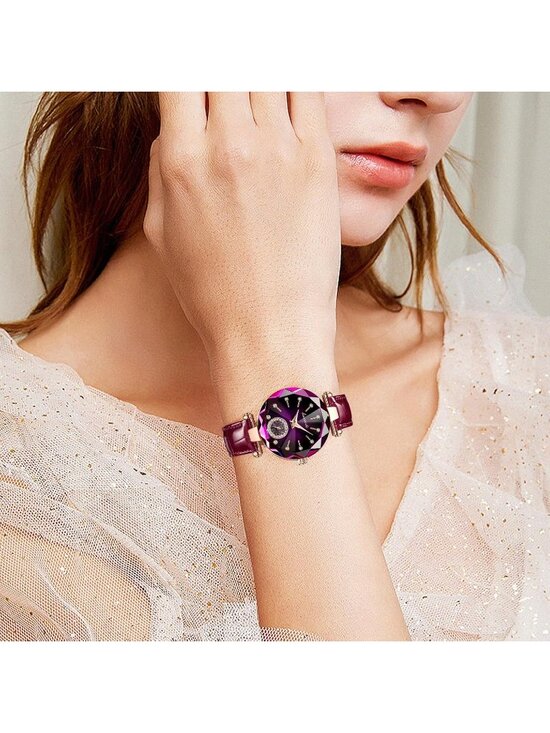 Womens Red Purple Elegant Leather Strap Analog Creative Diamond Dial Wrist Watch main image 5